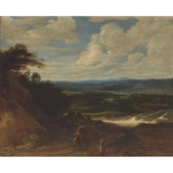 A landscape with figures and a wagon on a track in the foreground by 
																	Lucas Achtschellinck