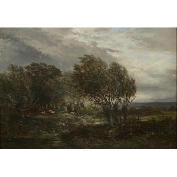 A pastoral landscape with cattle grazing beside a stream by 
																	Josefus Gerardus Hans