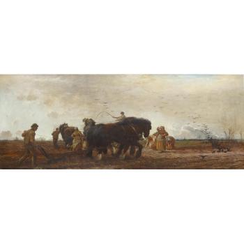 Ploughing, figures and horses at work in a field by 
																	Robert Farren