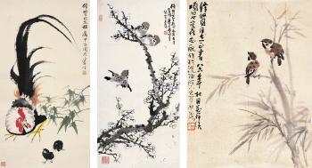 Sparrow bamboo; Sparrow plum blossom; Rooster, Chickens by 
																	 Yue Shichen