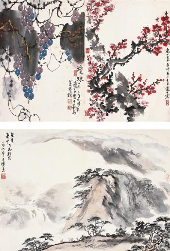 Grapes and Red plum blossom; Landscape by 
																	 Wu Linsheng