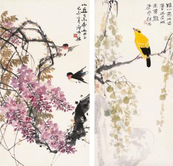 Oriole on the branch; Swallows, Chinese wistaria by 
																	 Qiu Shoucheng