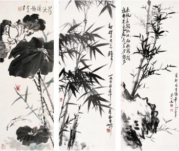 Bamboo and stone; Ink bamboo; Fish roaming in lotus pond by 
																	 Pan Junnuo