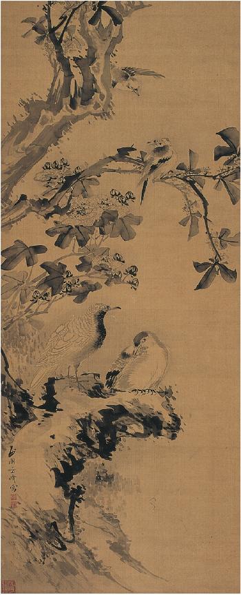 Birds resting under branch by 
																	 Fang Ji