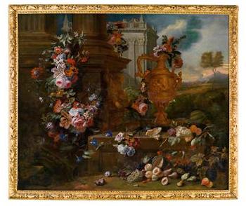 A classical fountain with a garland of flowers, fruit, and a gilt vessel, in a landscape by 
																	Egidius Nuemans
