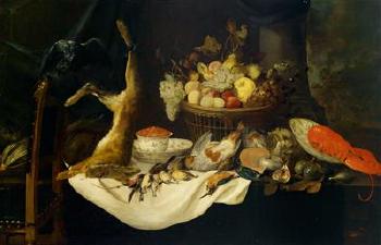 Still life with game, lobster and fruit basket by 
																	Pieter van Overschie