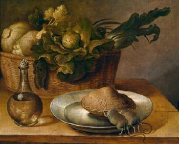 Still life with a basket with vegetables, a ewer, a tin plate and a shell with two mice by 
																	 Hanau School