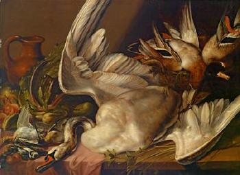 Still life with a swan, ducks, fruits and vegetables by 
																	Baltazar Huys