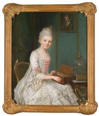 Portrait of an elegant young lady with a serinette (bird organ) and a finch in a birdcage, in the background the portrait of her lover, possibly a portrait of Josepha Seyfert by 
																	Nicolas Guibal