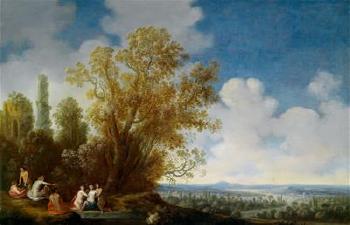 Pair of southern landscapes with two scenes from Ovid’s Metamorphoses: Diana discovers the pregnancy of Callisto, and Diana and Actaeon by 
																			Dirk Dalens