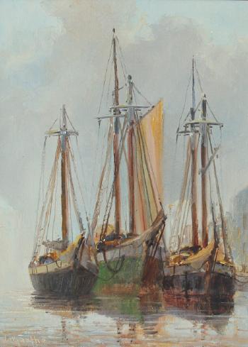 Three fishing boats at dockside by 
																			William Edward de Garthe