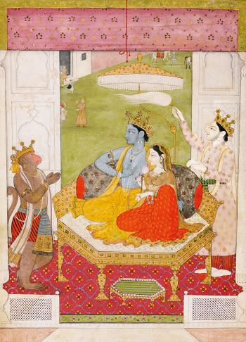 Rama And Sita Enthroned With Lakshmana And Hanuman by 
																	 Pahari School