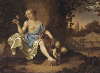 A classical park landscape with a seated lady dressed as a nymph and her dog by 
																	Arie de Vois