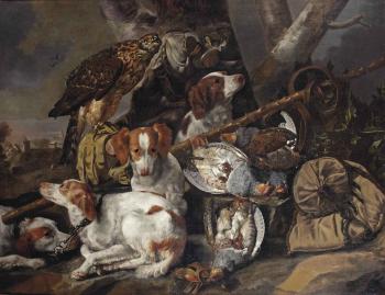 A hunting still life of partridges with four Springer spaniels, a hawk, a game-bag and belt and other hunting gear in a landscape by 
																	Christiaan Luykx