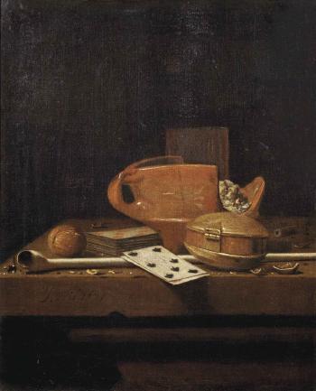 A 'Toebakje', a glass, playing cards, a tobacco box, a walnut and a pipe, all on a stone ledge by 
																	Jan Fris