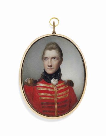 A young officer, in scarlet coat with black collar, gold frogging and epaulettes by 
																	Alexander Gallaway