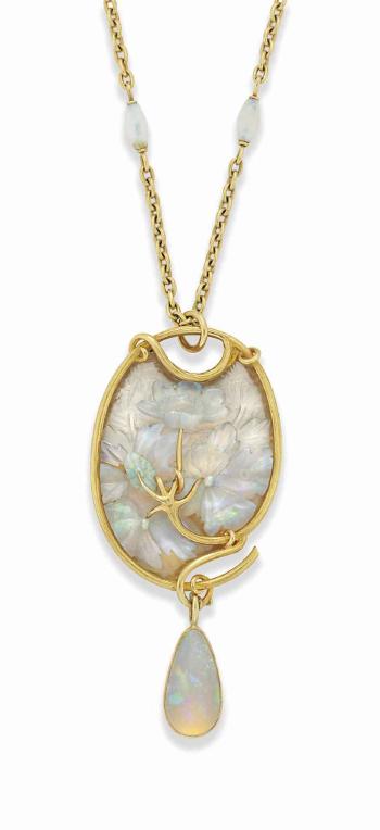 An Art Nouveau Opal And Glass Gold Mounted Pendant by 
																	 Lalique Co.