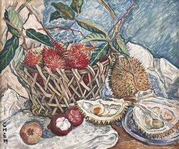 Still Life with Durians, Mangosteens and Rambutans by 
																	Georgette Chen
