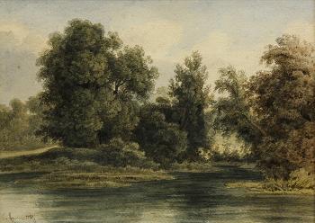 Landscape with pond. Landscape with arches and figures by 
																	Charles Ransonnette