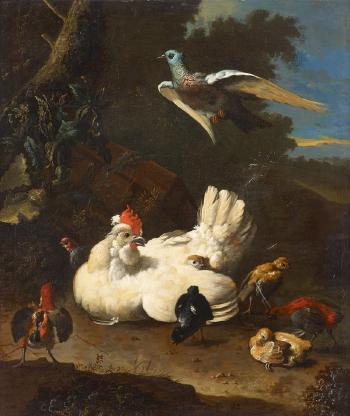 A hen and chicks with a pigeon in a landscape by 
																	Adriaen van Oolen