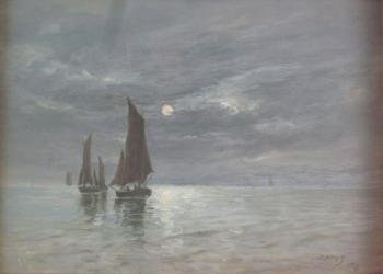 Sailing boats at moonrise by 
																	John Ballingall