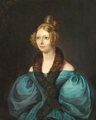 Portrait of baroness Mimi Løvenskiold.  Presumably Marie Caroline Vilhelmine Løvenskiold (1821-1862).  In a blue evening dress with puff sleeves, around her neck a fur boa by 
																	Emilius Baerentzen