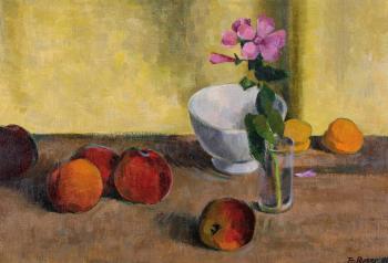 Stillleben mit Pfirsichen und einer Blume im Glas by 
																	Fritz Ryser