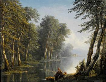 Idyllische Flusslandschaft mit einem Fischer by 
																	Isidore Dagnan