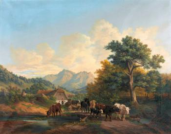 Sommerliche Landschaft mit Kühen und Schafen by 
																	Aloys Abyberg