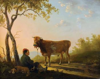 Abendstimmung mit Schäfer, Hund und Kuh by 
																	Daniell van Oosterhoudt