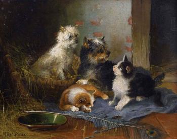 Katzen- und Hundepaar mit Pfauenfeder by 
																	Gustav Majer