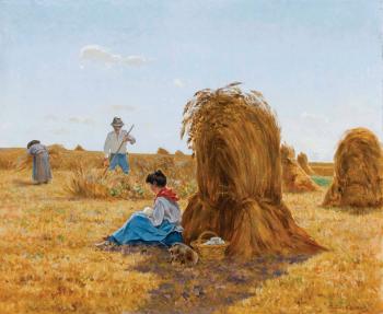 Getreideernte mit rastender Mutter und Kind by 
																	Gustave Cesaire Garaud