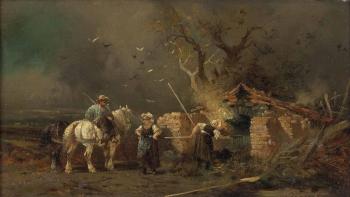 Windmühle mit Reiter. Bauer mit Pferden bei Mädchen am Backhäuschen by 
																			Emil Hallatz