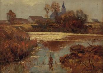 Herbstliche Landschaftsidylle mit Dorf und Weiher by 
																	Franz Reder-Broili