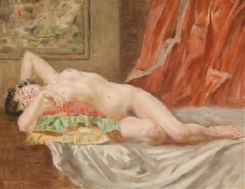 Female nude before a red curtain by 
																	Bertalan de Karlovsky