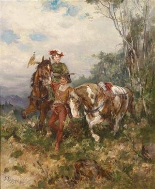 A lady falconer on horseback with attendant by 
																	Gustav Eggena