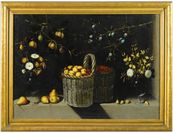 Still Life With A Basket Of Apricots And Cherries, Vases Of Flowers, And Hanging Branches Of Mirabelle And Sloe Plums by 
																	Juan van der Hamen y Leon