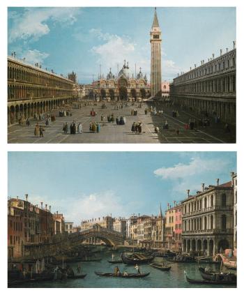 Venice, A View Of Piazza San Marco Looking East Towards The Basilica; Venice, The Grand Canal Looking North-east From The Palazzo Dolfin-manin To The Rialto Bridge by 
																	 Canaletto