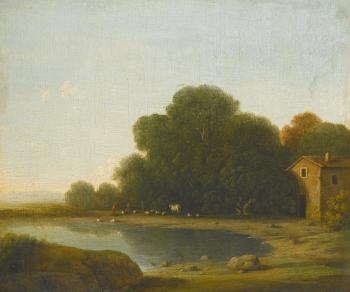 Landscape With A Herdsman Watering His Animals On The Shore Of A Lake, A Farmhouse On The Right by 
																	Gottfried Wals