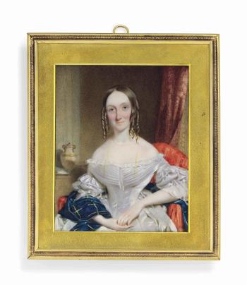 A young lady, in white silk dress with lace sleeves and tartan shawl, thin gold necklace, her centre-parted hair in ringlets; red curtain, striped red chair, vase by 
																	William Egley