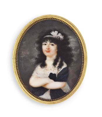 A young lady, in white dress with navy patterned shawl, her arms folded, long black curly hair tied with a white ribbon by 
																	Nanette Rosenzweig-Windisch