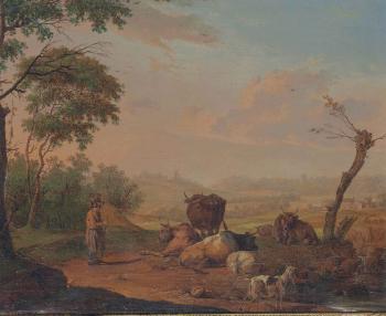 A young herdsman watering his cattle and goats, a village and windmill beyond by 
																	Nicholas de Fassin