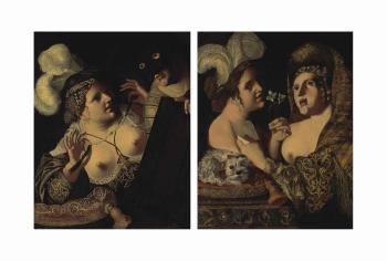 An allegory of the sense of smell and hearing; and An allegory of the sense of sight by 
																	 Pseudo-Caroselli
