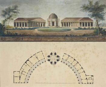 The front elevation and ground plan of the Sun Temple at the Hermitage in Bayreuth in Germany by 
																	J Francois Saher