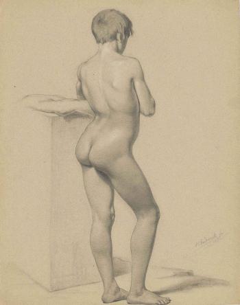 A young boy standing, seen from behind; A seated male nude with a bow; A male nude with a bow; A standing male nude leaning on a block by 
																	Johann Jakob Eduard Handwerk