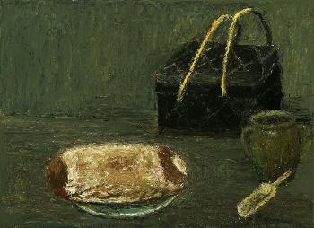 Stilleben mit Brot, Korb und Steintopf by 
																	Theodor Rosenhauer