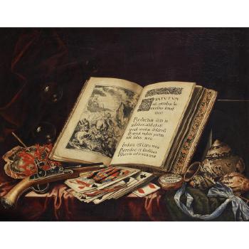 A still life of an open book, bubbles, coral, a flintlock pistol, playing cards, a pocket watch on a blue silk ribbon and a variety of shells on a table draped with a red and a green cloth by 
																	Simon Renard de Saint-Andre