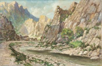 Figures at Camp in a Desert canyon Landscape by 
																			Arnold Englander