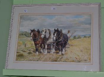 Three shire horses ploughing by 
																	Dorothy Margaret Alderson