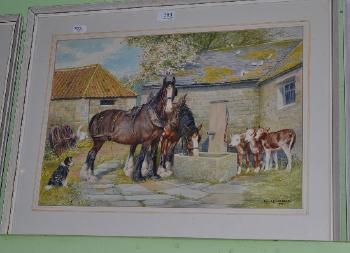 Farmyard with shire horses beside a trough, a collie, calves and ducks by 
																	Dorothy Margaret Alderson